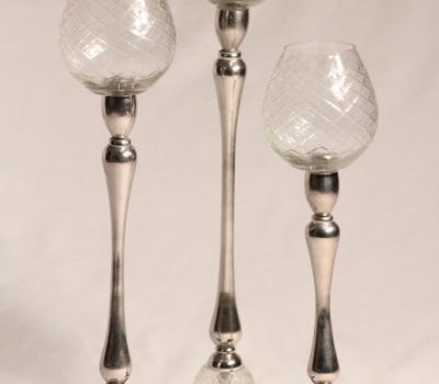 Set of three aluminium tea-light holders with cut glass bowls