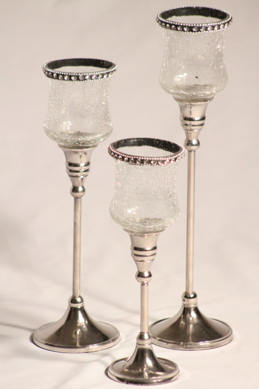 Set of Three Aluminium Tea-light holders with crackle Glass bowls