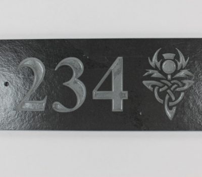 Deep Engraved Slate House name plate three numbes and thistle 300mm x 120mm x 10mm
