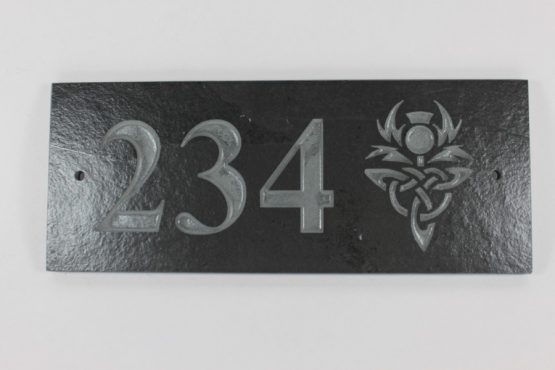 Deep Engraved Slate House name plate three numbes and thistle 300mm x 120mm x 10mm