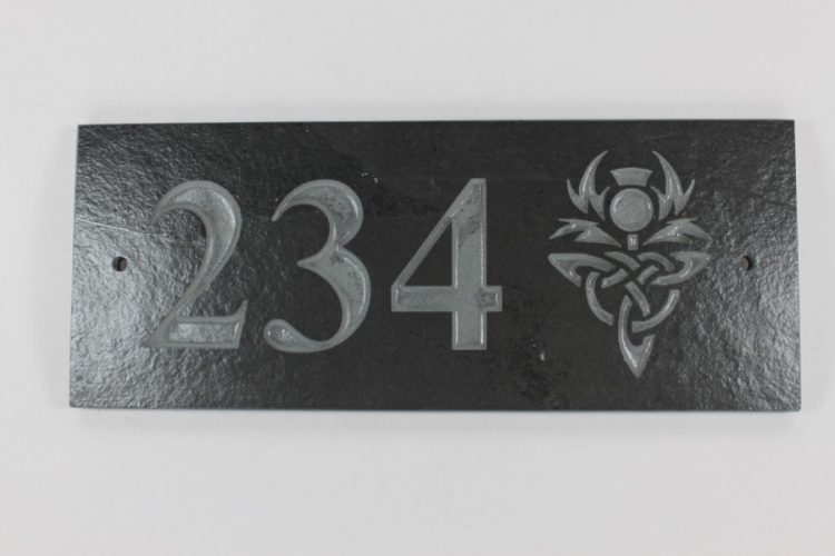 Deep Engraved Slate House name plate three numbes and thistle 300mm x