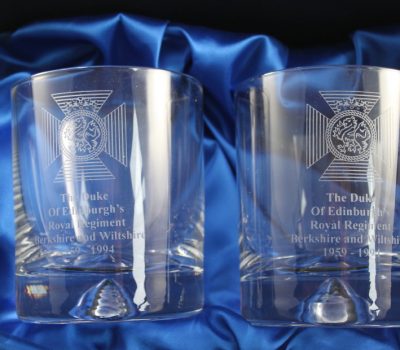 Two Whisky Glasses In A Presentation Box Engraved with The Duke Of Edinburghs Royal Regiment Cap Badge
