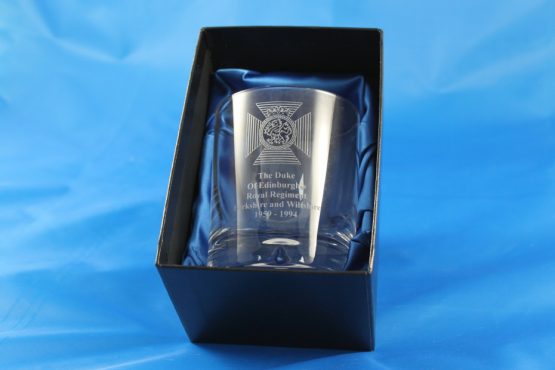Single Whisky Glass In A Presentation Box Engraved with The Duke Of Edinburghs Royal Regiment Cap Badge