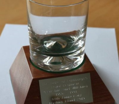 Whisky Glass Engraved with The Duke of Edinburghs Royal Regiment Badge on a wooden plinth with engraved Plate